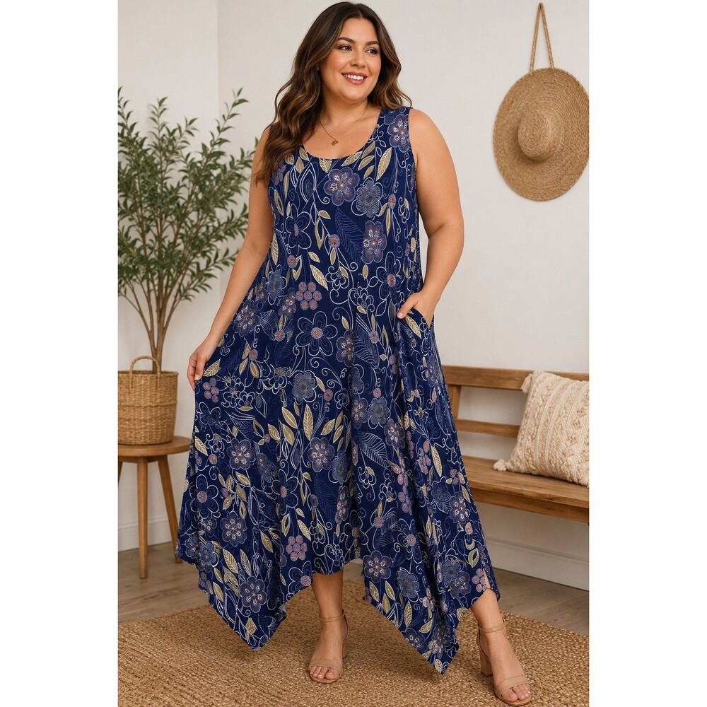 MT Collection Women 1X Blue Floral Maxi Dress Sleeveless Handkerchief Hem Plus